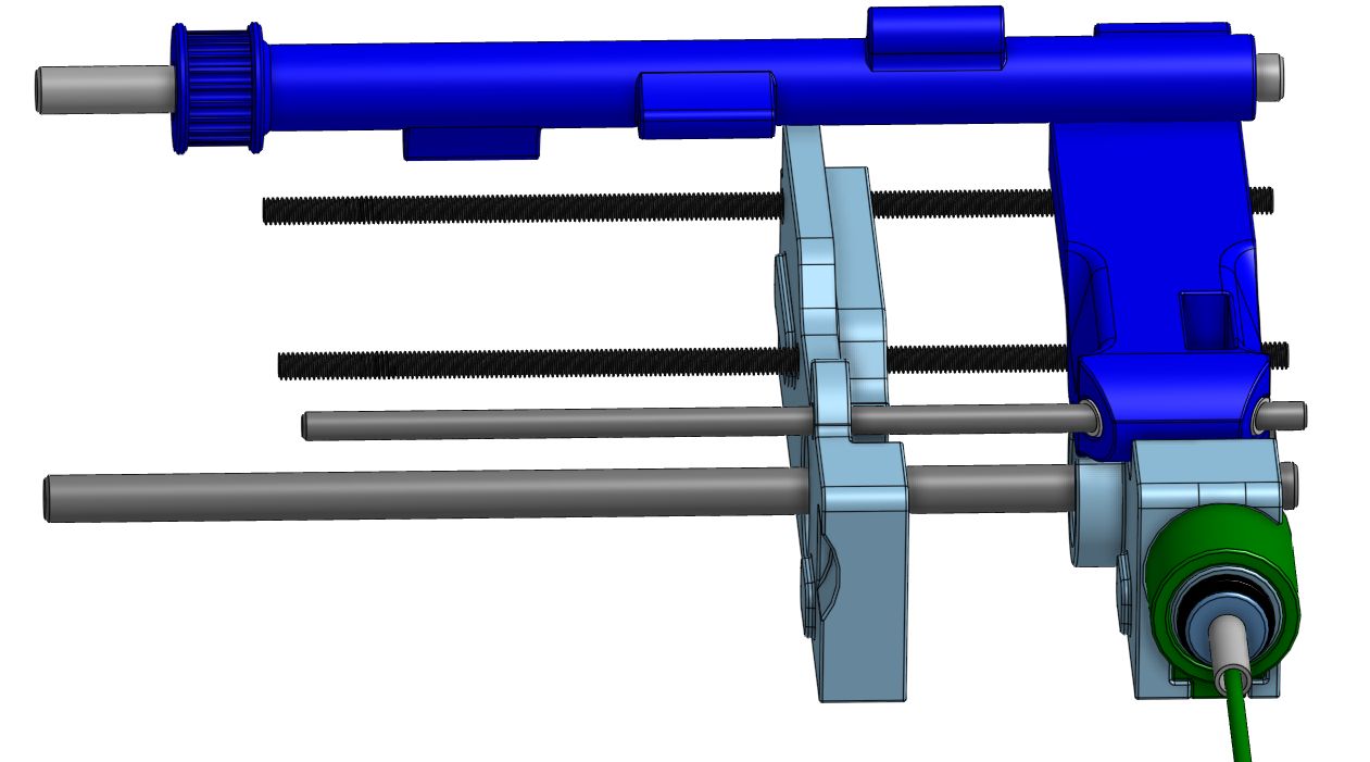 Labeled diagram identifying 3 mm and 5 mm rod positions, pulleys and bearings