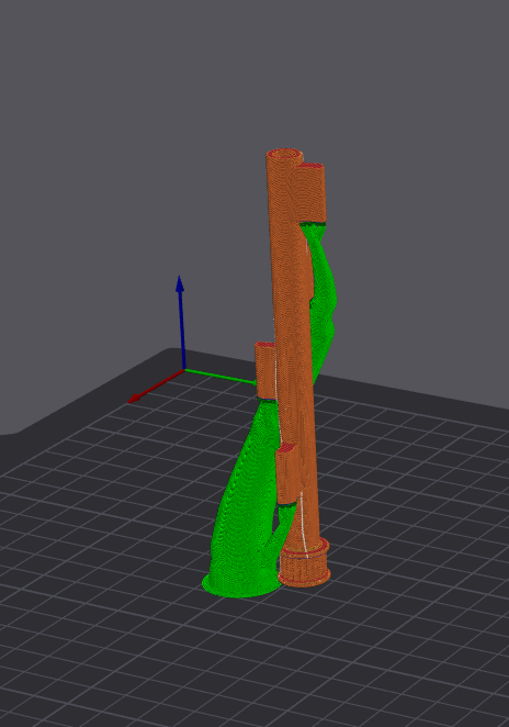 Gate part CAD view with the support-blocker region highlighted in red on a dark background