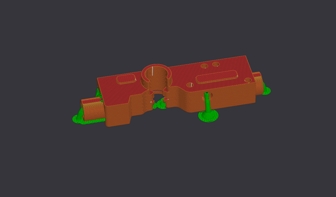 Slicer preview of the Gate part showing orange model and green support material produced by the blocker