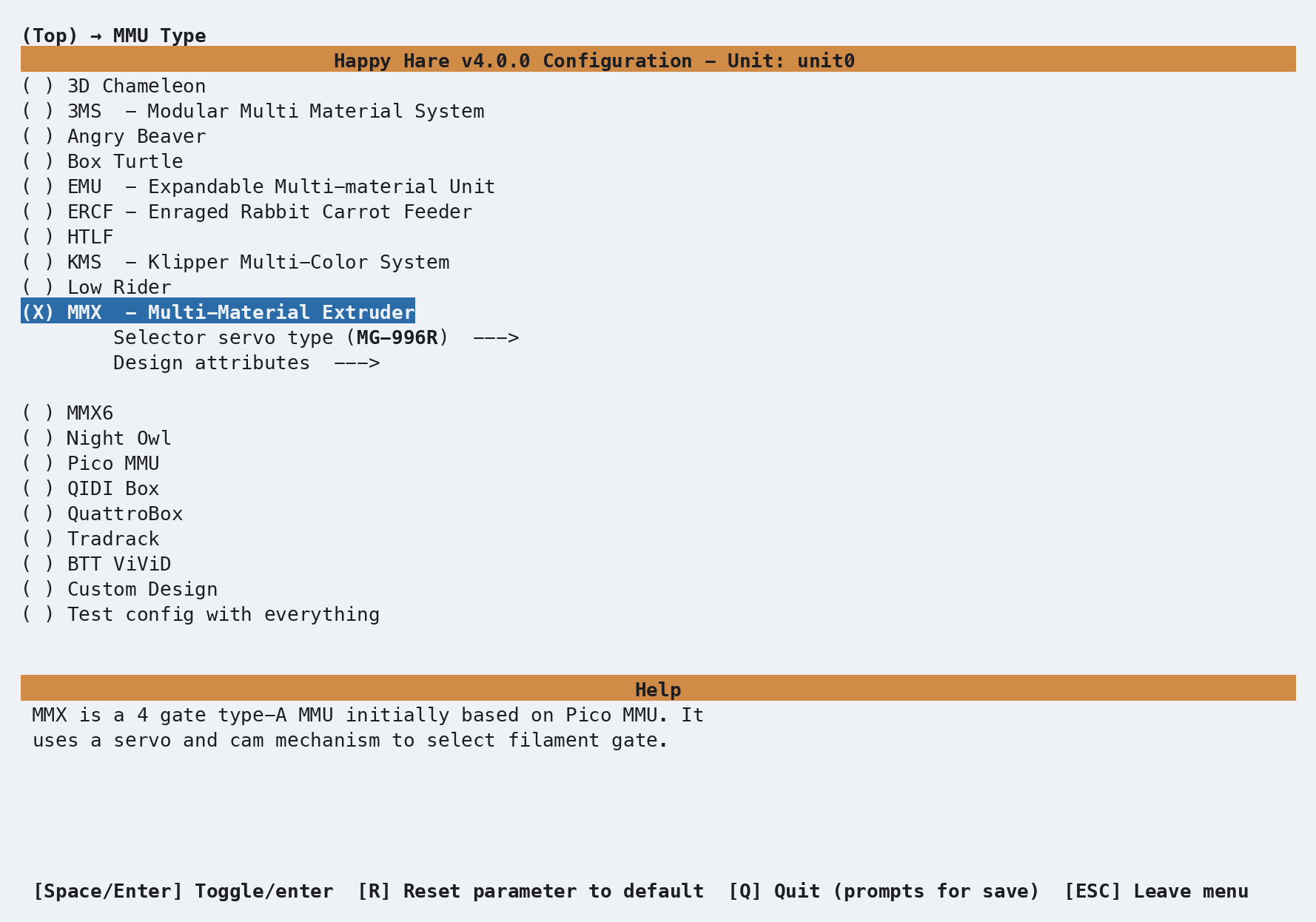 Happy Hare menuconfig showing the MMX MMU type