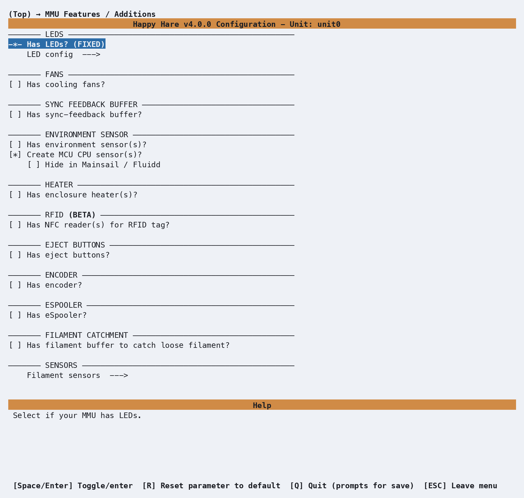 Happy Hare menuconfig showing MMU features and additions